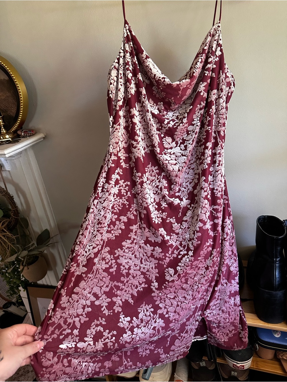 Cowl-Neck Floral Midi Slip Dress in Burgundy and Blush
